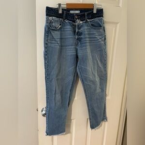 Hidden cropped button fly denim distressed waist raw hem size 29